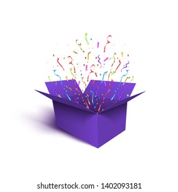 Purple gift box with colored ribbons, serpentine and confetti isolated on white background. Vector design element