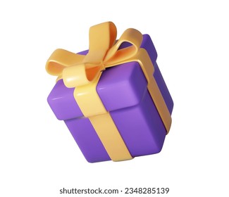 Purple gift box with glossy orange bow isolated. Realistic Halloween holiday modern surprise box. Realistic vector icon for birthday or wedding banners.