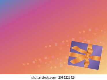Purple gift box holiday present with confetti background and happy color. The gift box with gold ribbon.