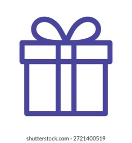 Ilustración vectorial de icono de caja de regalo púrpura. Símbolo de regalo lineal simple para sorpresas de vacaciones, recompensas de cumpleaños, programas de lealtad y envío de comercio electrónico aislado sobre fondo blanco.