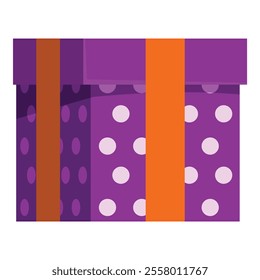 Purple gift box with an orange ribbon and white polka dots is waiting to be opened