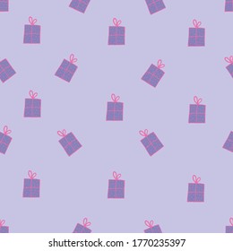 Purple Gift box pattern on 
lilac background.Wrapping paper seamless pattern.Purple Gift boxes for birthday,christmas,x-mas celebration. Print for textile,wrapping paper,wallpaper,birthday card.
