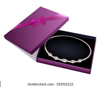 Purple Gift Box With A Pearl Necklace Isolated On White Background. Clip Art