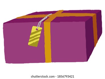 Purple gift box with ribbon and tag. Hand drawn vector single illustration. Colorful simple flat element isolated on white. Object for design, print, decor, card, sticker, banner, wrap, advertising.