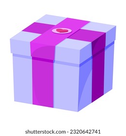 Purple gift box top isometric magenta ribbon flat. Pink heart tag wax seal valentine day wedding holiday love surprise secret package festive birthday event decoration sale symbol brand icon isolated