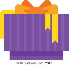 Purple gift box wrapped with an orange bow and yellow ribbon, symbolizing a present for a birthday, holiday, or other special occasion, celebrating generosity and the joy of giving