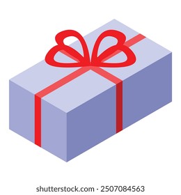 Purple gift box wrapped with a red ribbon is laying on a flat surface