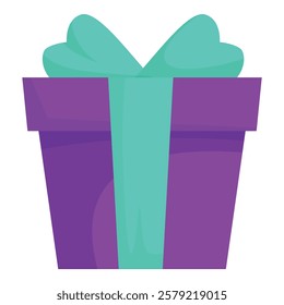 Purple gift box wrapped with a teal ribbon is ready to be given as a present