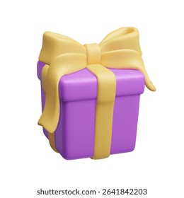 Purple gift box with yellow ribbon and bow 3D style vector render isolated on white background. Colorful win prize secret box for happy birthday celebration party. Happy holiday decor element 3D icon.