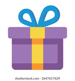 Purple gift box with yellow ribbon and blue bow isolated on white background.
