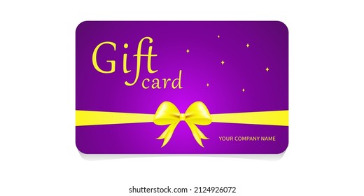 A purple gift card tied with a yellow ribbon with a lush bow. 3 D. Vector illustration.