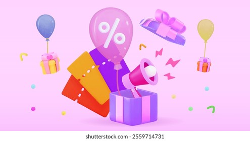 Purple gift surrounded by discount coupons and balloons Christmas and exclusive benefits concept