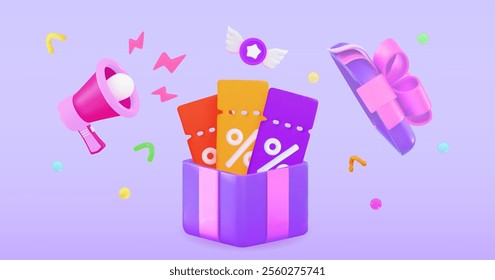 Purple gift surrounded by discount coupons Christmas and exclusive benefits concept