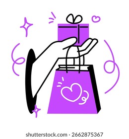 Regalo púrpura para usted concepto de ilustraciones en diversas actividades de comercio electrónico, entrega, compras, regalos, sorpresas y celebraciones.