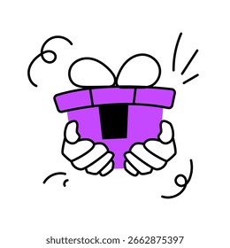 Regalo púrpura para usted concepto de ilustraciones en diversas actividades de comercio electrónico, entrega, compras, regalos, sorpresas y celebraciones.