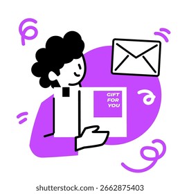 Regalo púrpura para usted concepto de ilustraciones en diversas actividades de comercio electrónico, entrega, compras, regalos, sorpresas y celebraciones.