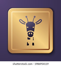 Purple Giraffe head icon isolated on purple background. Animal symbol. Gold square button. Vector