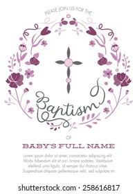 Purple Girl's Baptism/Christening Invitation with Cross Design and Flowers - Vector 