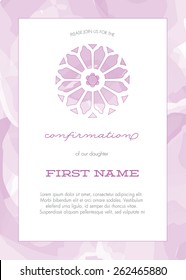 Purple Girl's Confirmation/Baptism/Christening/First Communion Invitation with Stained Glass Window and Watercolor Stroke Background - Vector 