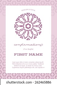 Purple Girl's Confirmation/Baptism/Christening/First Communion Invitation with Stained Glass Window and Flower Pattern Background - Vector 