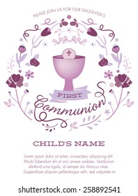 Purple Girl's First Holy Communion Invitation With Chalice And Flowers - Vector 