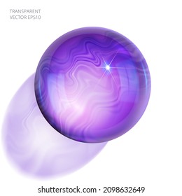 Purple Glass Bead. Violet Epoxy Resin Ball. 3d Realistic Vector Drop With Transparency And Liquid Marbling Effect. Homemade Crystal Sphere With A Flowing Streaks. Glossy Translucent Cabochon