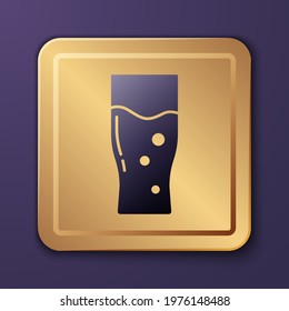 Purple Glass of beer icon isolated on purple background. Gold square button. Vector