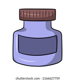 Purple glass bottle for medicines, glass jar with label, dank with purple paint, vector illustration in cartoon style on a white background