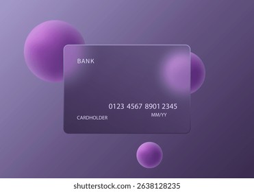 Purple glass credit card with floating 3D spheres