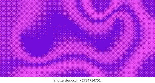 Purple glitch halftone bitmap texture background. Retro pixel art, glitch dither pattern. Leisure or arcade games duotone border frame. Vector illustration