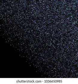 Purple glitter elements, stars shiny confetti. Scattered little, sparkling, flashing ultra violet, Random tiny stellar falling on black background. New Year, Christmas background. Vector illustration.