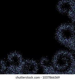 Purple glitter elements, stars shiny confetti. Scattered little, sparkling, flashing ultra violet, Random tiny stellar falling on black background. New Year, Christmas background. Vector illustration.