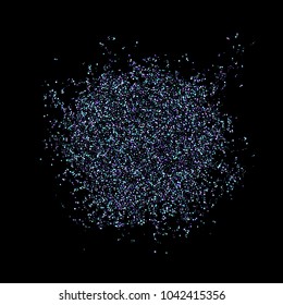 Purple glitter elements, stars shiny confetti. Scattered little, sparkling, flashing ultra violet, Random tiny stellar falling on black background. New Year, Christmas background. Vector illustration.