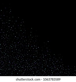 Purple glitter elements, stars shiny confetti. Scattered little, sparkling, flashing ultra violet, Random tiny stellar falling on black background. New Year, Christmas background. Vector illustration.