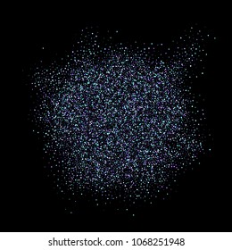 Purple glitter elements, stars shiny confetti. Scattered little, sparkling, flashing ultra violet, Random tiny stellar falling on black background. New Year, Christmas background. Vector illustration.