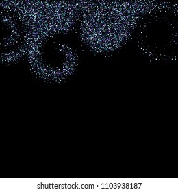 Purple glitter elements, stars shiny confetti. Scattered little, sparkling, flashing ultra violet, Random tiny stellar falling on black background. New Year, Christmas background. Vector illustration.