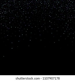 Purple glitter elements, stars shiny confetti. Scattered little, sparkling, flashing ultra violet, Random tiny stellar falling on black background. New Year, Christmas background. Vector illustration.