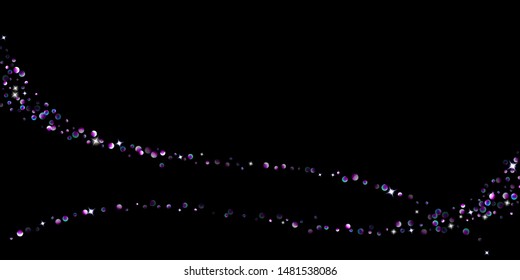 Purple glitter elements, stars shiny confetti. Scattered little, sparkling, flashing ultra violet, Random tiny stellar falling on black background. New Year, Christmas background. Vector illustration.