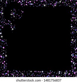 Purple glitter elements, stars shiny confetti. Scattered little, sparkling, flashing ultra violet, Random tiny stellar falling on black background. New Year, Christmas background. Vector illustration.