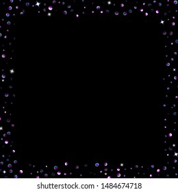 Purple glitter elements, stars shiny confetti. Scattered little, sparkling, flashing ultra violet, Random tiny stellar falling on black background. New Year, Christmas background. Vector illustration.