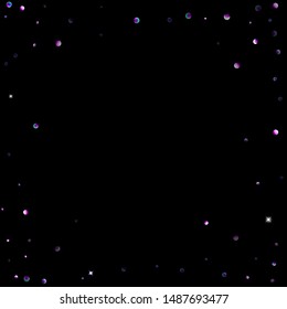 Purple glitter elements, stars shiny confetti. Scattered little, sparkling, flashing ultra violet, Random tiny stellar falling on black. New Year, Christmas background. Vector illustration.