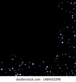 Purple glitter elements, stars shiny confetti. Scattered little, sparkling, flashing ultra violet, Random tiny stellar falling on black background. New Year, Christmas background. Vector illustration.