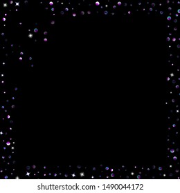 Purple glitter elements, stars shiny confetti. Scattered little, sparkling, flashing ultra violet, Random tiny stellar falling on black background. New Year, Christmas background. Vector illustration.