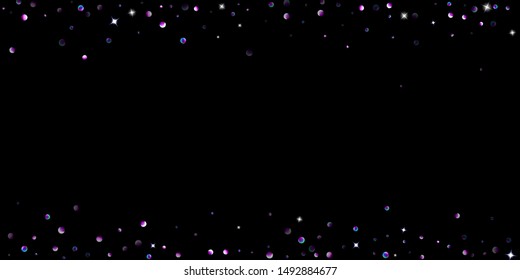 Purple glitter elements, stars shiny confetti. Scattered little, sparkling, flashing ultra violet, Random tiny stellar falling on black background. New Year, Christmas background. Vector illustration.