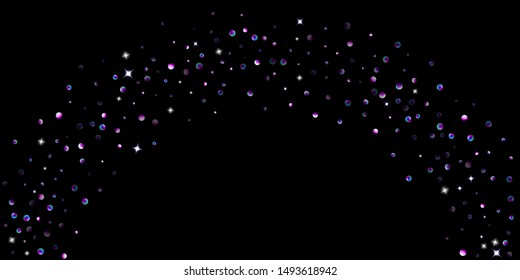 Purple glitter elements, stars shiny confetti. Scattered little, sparkling, flashing ultra violet, Random tiny stellar falling on black background. New Year, Christmas background. Vector illustration.