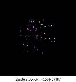 Purple glitter elements, stars shiny confetti. Scattered little, sparkling, flashing ultra violet, Random tiny stellar falling on black background. New Year, Christmas background. Vector illustration.