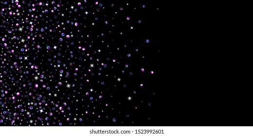 Purple glitter elements, stars shiny confetti. Scattered little, sparkling, flashing ultra violet, Random tiny stellar falling on black background. New Year, Christmas background. Vector illustration.