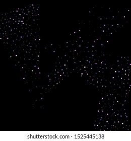 Purple glitter elements, stars shiny confetti. Scattered little, sparkling, flashing ultra violet, Random tiny stellar falling on black background. New Year, Christmas background. Vector illustration.