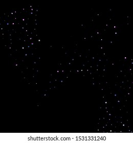 Purple glitter elements, stars shiny confetti. Scattered little, sparkling, flashing ultra violet, Random tiny stellar falling on black background. New Year, Christmas background. Vector illustration.
