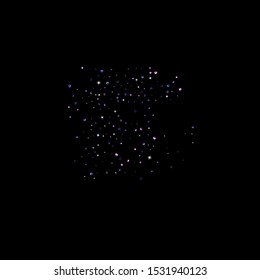 Purple glitter elements, stars shiny confetti. Scattered little, sparkling, flashing ultra violet, Random tiny stellar falling on black background. New Year, Christmas background. Vector illustration.